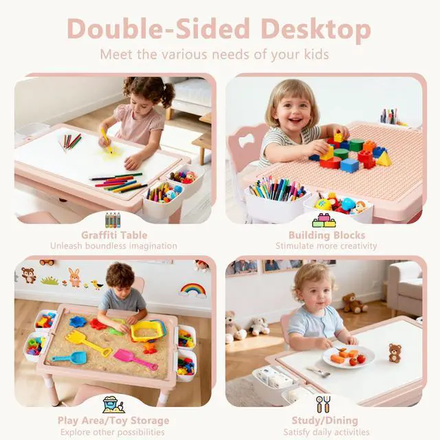 Alt view image 2 of 6 - Kids Table & 2 Chairs Set, Height Adjustable Children Activity Table w/Storage, Graffiti & Building Blocks Tabletop, Toddler Furniture Set for Classroom, Daycare, Home, Age 3+, Pink