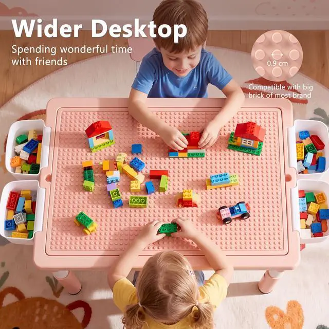 Alt view image 4 of 6 - Kids Table & 2 Chairs Set, Height Adjustable Children Activity Table w/Storage, Graffiti & Building Blocks Tabletop, Toddler Furniture Set for Classroom, Daycare, Home, Age 3+, Pink