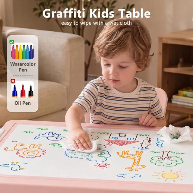 Alt view image 5 of 6 - Kids Table & 2 Chairs Set, Height Adjustable Children Activity Table w/Storage, Graffiti & Building Blocks Tabletop, Toddler Furniture Set for Classroom, Daycare, Home, Age 3+, Pink