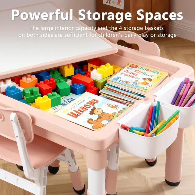 Alt view image 6 of 6 - Kids Table & 2 Chairs Set, Height Adjustable Children Activity Table w/Storage, Graffiti & Building Blocks Tabletop, Toddler Furniture Set for Classroom, Daycare, Home, Age 3+, Pink
