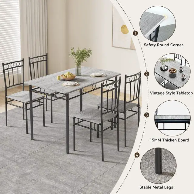 Alt view image 4 of 6 - Rectangular Dining Room Table Set with 4 Chairs, Space-Saving Kitchen Table Set for Small Space, Retro Grey