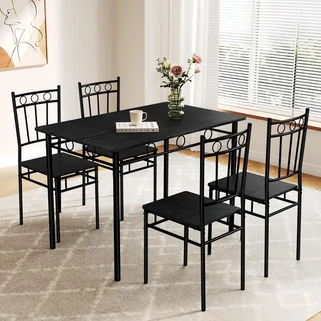 Main image of Dining Table Set for 4, 5-Piece Kitchen Table and Chairs, Rectangular Dining Room Table Set with 4 Chairs, Space-Saving Kitchen Table Set for Small Space,Dinette,Apartment,Pure Black