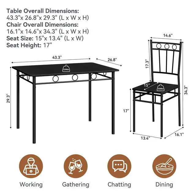 Alt view image 2 of 6 - Dining Table Set for 4, 5-Piece Kitchen Table and Chairs, Rectangular Dining Room Table Set with 4 Chairs, Space-Saving Kitchen Table Set for Small Space,Dinette,Apartment,Pure Black