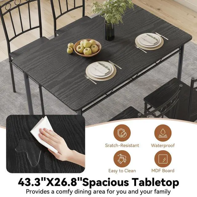 Alt view image 3 of 6 - Dining Table Set for 4, 5-Piece Kitchen Table and Chairs, Rectangular Dining Room Table Set with 4 Chairs, Space-Saving Kitchen Table Set for Small Space,Dinette,Apartment,Pure Black
