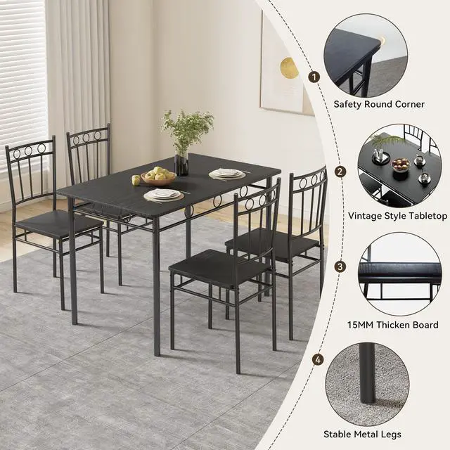 Alt view image 4 of 6 - Dining Table Set for 4, 5-Piece Kitchen Table and Chairs, Rectangular Dining Room Table Set with 4 Chairs, Space-Saving Kitchen Table Set for Small Space,Dinette,Apartment,Pure Black