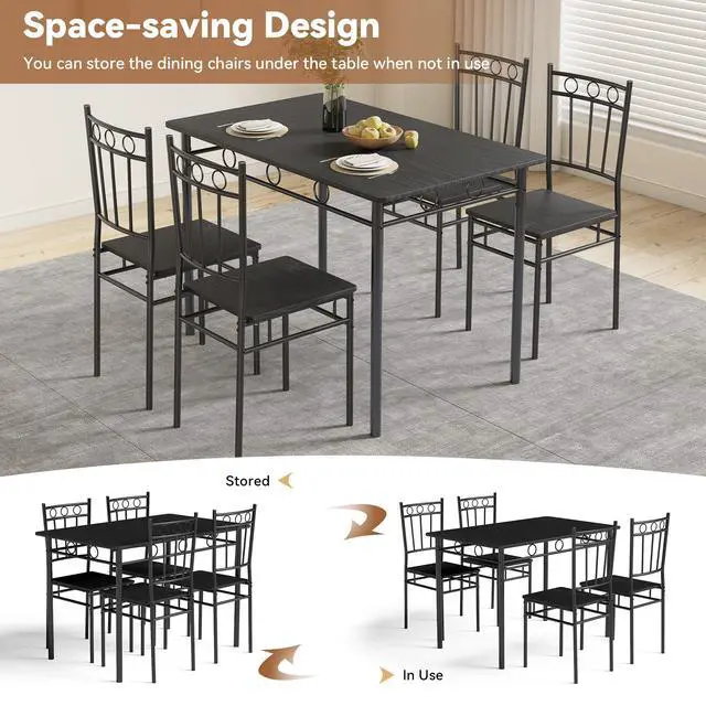 Alt view image 6 of 6 - Dining Table Set for 4, 5-Piece Kitchen Table and Chairs, Rectangular Dining Room Table Set with 4 Chairs, Space-Saving Kitchen Table Set for Small Space,Dinette,Apartment,Pure Black