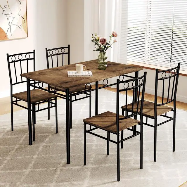Main image of Dining Table Set for 4, 5-Piece Kitchen Table and Chairs, Rectangular Dining Room Table Set with 4 Chairs, Space-Saving Kitchen Table Set for Small Space,Dinette,Apartment,Retro Brown
