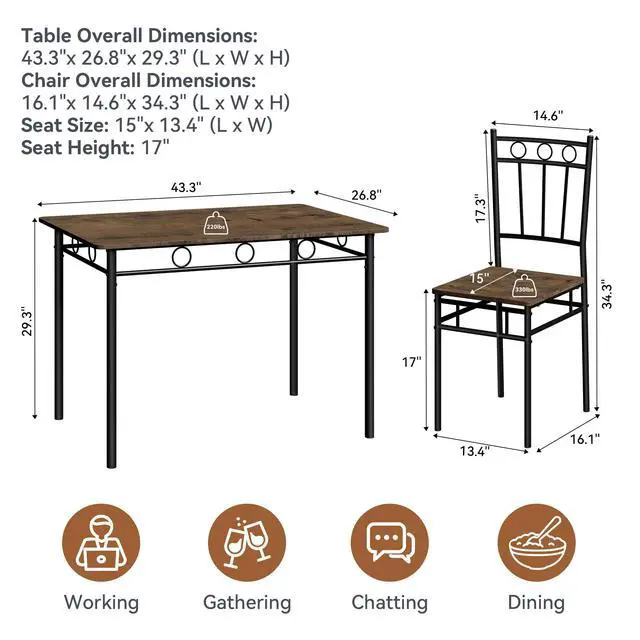 Alt view image 2 of 6 - Dining Table Set for 4, 5-Piece Kitchen Table and Chairs, Rectangular Dining Room Table Set with 4 Chairs, Space-Saving Kitchen Table Set for Small Space,Dinette,Apartment,Retro Brown