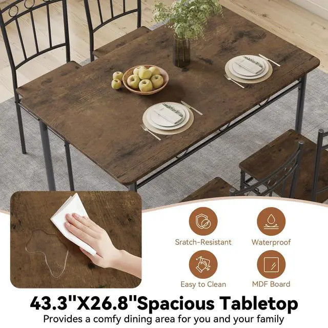 Alt view image 3 of 6 - Dining Table Set for 4, 5-Piece Kitchen Table and Chairs, Rectangular Dining Room Table Set with 4 Chairs, Space-Saving Kitchen Table Set for Small Space,Dinette,Apartment,Retro Brown