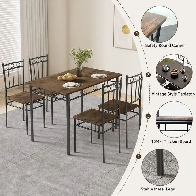 Alt view image 4 of 6 - Dining Table Set for 4, 5-Piece Kitchen Table and Chairs, Rectangular Dining Room Table Set with 4 Chairs, Space-Saving Kitchen Table Set for Small Space,Dinette,Apartment,Retro Brown