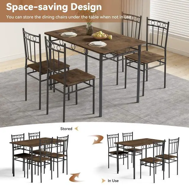 Alt view image 6 of 6 - Dining Table Set for 4, 5-Piece Kitchen Table and Chairs, Rectangular Dining Room Table Set with 4 Chairs, Space-Saving Kitchen Table Set for Small Space,Dinette,Apartment,Retro Brown