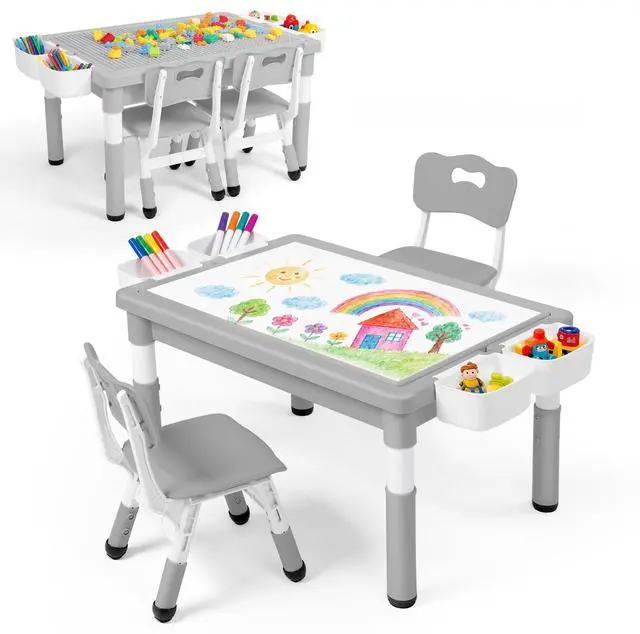 Main image of Kids Table & 2 Chairs Set, Adjustable Heights, Storage, Grey | Graffiti & Building Blocks Tabletop, Children Activity Table Toddler Furniture Set for Playroom, Daycare, Home, Age 3+