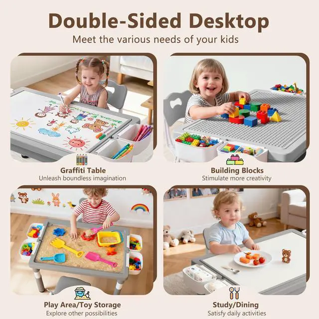 Alt view image 2 of 6 - Kids Table & 2 Chairs Set, Adjustable Heights, Storage, Grey | Graffiti & Building Blocks Tabletop, Children Activity Table Toddler Furniture Set for Playroom, Daycare, Home, Age 3+
