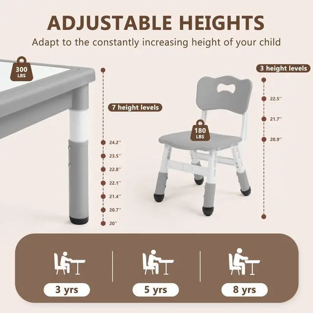 Alt view image 3 of 6 - Kids Table & 2 Chairs Set, Adjustable Heights, Storage, Grey | Graffiti & Building Blocks Tabletop, Children Activity Table Toddler Furniture Set for Playroom, Daycare, Home, Age 3+