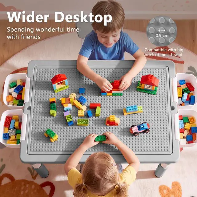 Alt view image 4 of 6 - Kids Table & 2 Chairs Set, Adjustable Heights, Storage, Grey | Graffiti & Building Blocks Tabletop, Children Activity Table Toddler Furniture Set for Playroom, Daycare, Home, Age 3+