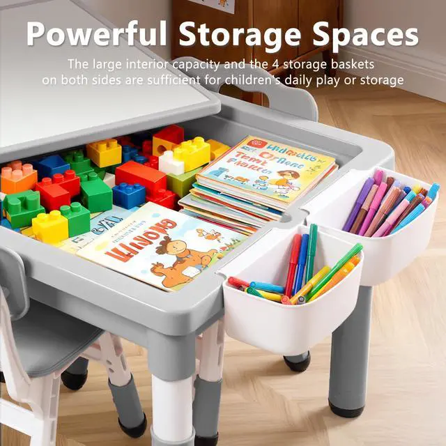 Alt view image 5 of 6 - Kids Table & 2 Chairs Set, Adjustable Heights, Storage, Grey | Graffiti & Building Blocks Tabletop, Children Activity Table Toddler Furniture Set for Playroom, Daycare, Home, Age 3+