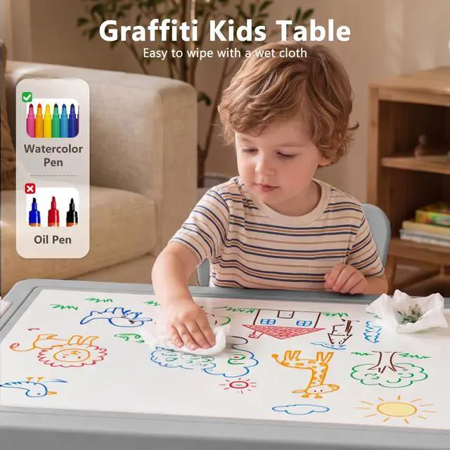 Alt view image 6 of 6 - Kids Table & 2 Chairs Set, Adjustable Heights, Storage, Grey | Graffiti & Building Blocks Tabletop, Children Activity Table Toddler Furniture Set for Playroom, Daycare, Home, Age 3+
