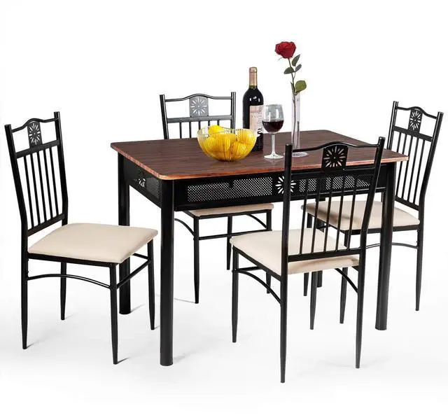 Main image of 5 Pieces Dining Table and Chairs Set, Vintage Retro Wood Top Metal Frame Padded Seat Dining Table Set Home Kitchen Dining Room Furniture