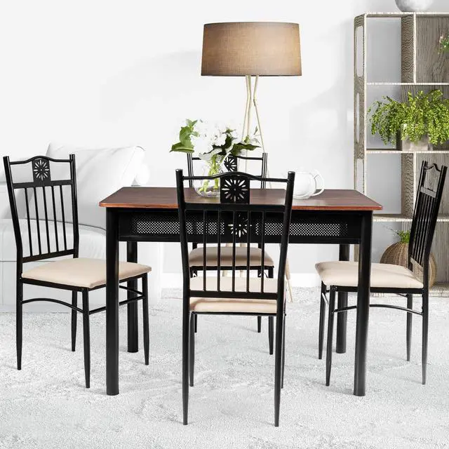 Alt view image 2 of 6 - 5 Pieces Dining Table and Chairs Set, Vintage Retro Wood Top Metal Frame Padded Seat Dining Table Set Home Kitchen Dining Room Furniture