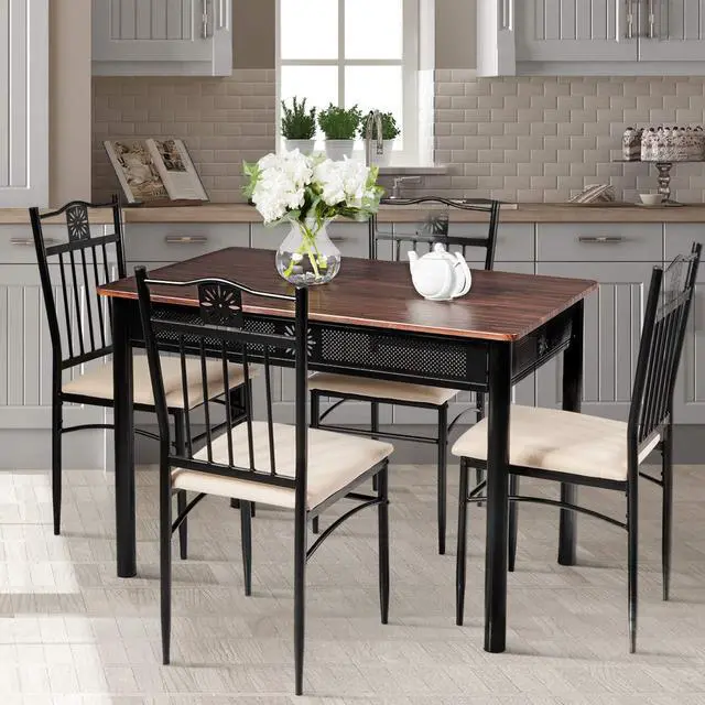 Alt view image 3 of 6 - 5 Pieces Dining Table and Chairs Set, Vintage Retro Wood Top Metal Frame Padded Seat Dining Table Set Home Kitchen Dining Room Furniture