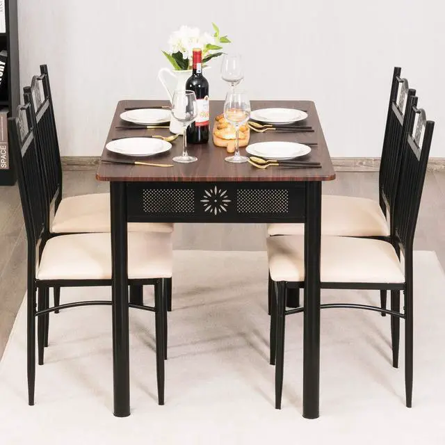 Alt view image 4 of 6 - 5 Pieces Dining Table and Chairs Set, Vintage Retro Wood Top Metal Frame Padded Seat Dining Table Set Home Kitchen Dining Room Furniture