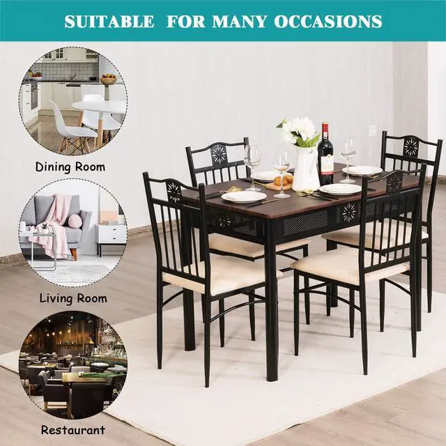 Alt view image 6 of 6 - 5 Pieces Dining Table and Chairs Set, Vintage Retro Wood Top Metal Frame Padded Seat Dining Table Set Home Kitchen Dining Room Furniture