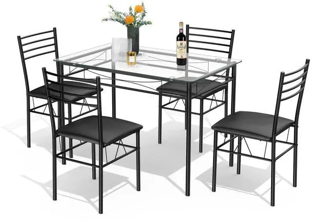 Main image of Dining Table Set, 5 Pieces Dining Set with Tempered Glass Top Table and 4 Chairs, Kitchen Dining Room Furniture, Black