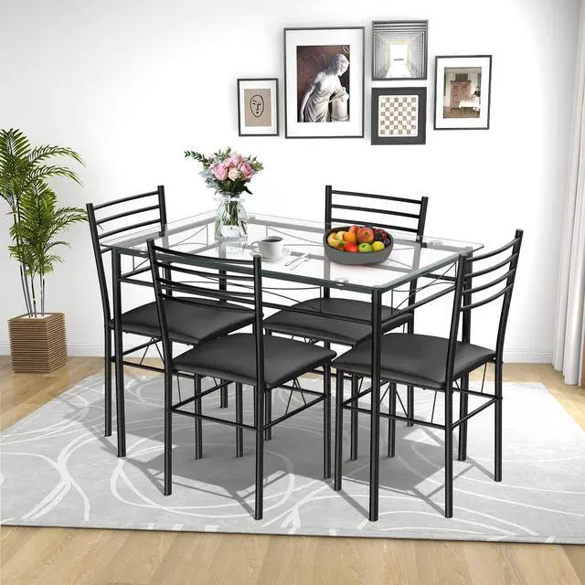 Alt view image 2 of 6 - Dining Table Set, 5 Pieces Dining Set with Tempered Glass Top Table and 4 Chairs, Kitchen Dining Room Furniture, Black