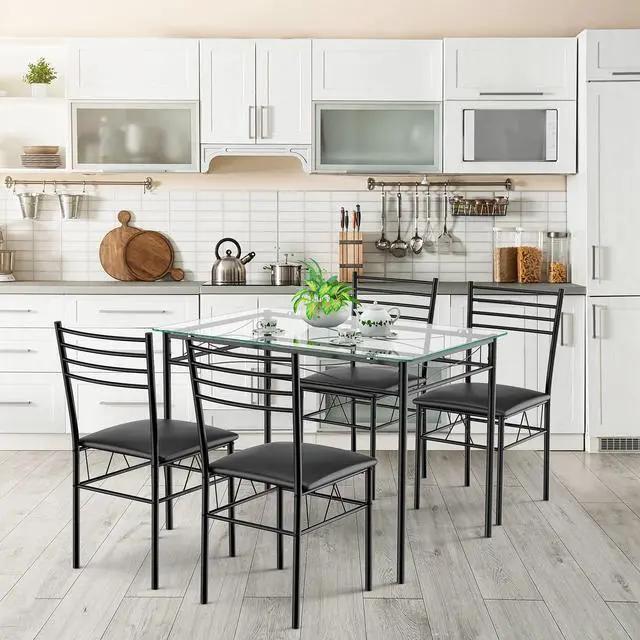 Alt view image 3 of 6 - Dining Table Set, 5 Pieces Dining Set with Tempered Glass Top Table and 4 Chairs, Kitchen Dining Room Furniture, Black