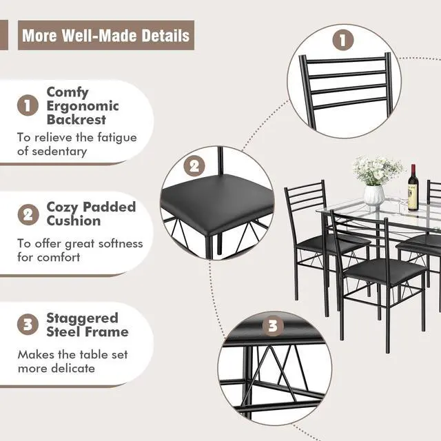 Alt view image 5 of 6 - Dining Table Set, 5 Pieces Dining Set with Tempered Glass Top Table and 4 Chairs, Kitchen Dining Room Furniture, Black