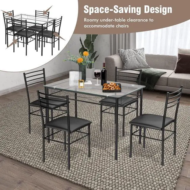 Alt view image 6 of 6 - Dining Table Set, 5 Pieces Dining Set with Tempered Glass Top Table and 4 Chairs, Kitchen Dining Room Furniture, Black