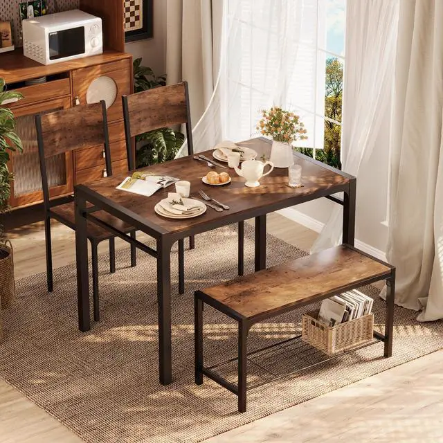 Alt view image 2 of 6 - Kitchen Table and 2 Chairs for 4 with Bench, 4 Piece Dining Sets for Small Space, Brown