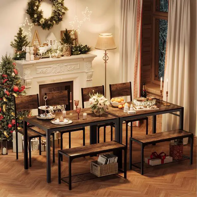 Alt view image 3 of 6 - Kitchen Table and 2 Chairs for 4 with Bench, 4 Piece Dining Sets for Small Space, Brown