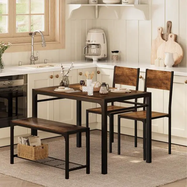 Alt view image 4 of 6 - Kitchen Table and 2 Chairs for 4 with Bench, 4 Piece Dining Sets for Small Space, Brown