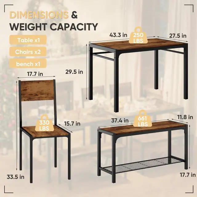 Alt view image 5 of 6 - Kitchen Table and 2 Chairs for 4 with Bench, 4 Piece Dining Sets for Small Space, Brown