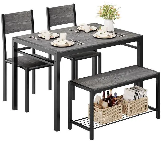 Main image of Kitchen Table and 2 Chairs for 4 with Bench, 4 Piece Dining Sets for Small Space, Dark Grey
