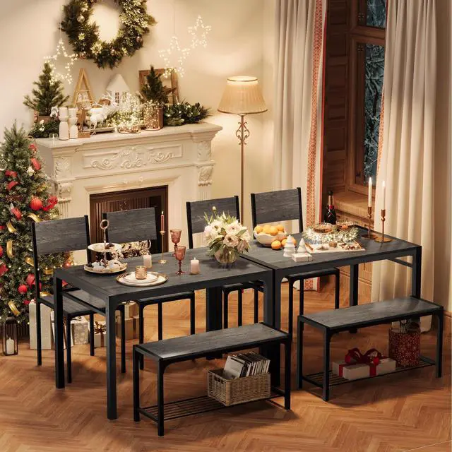 Alt view image 3 of 6 - Kitchen Table and 2 Chairs for 4 with Bench, 4 Piece Dining Sets for Small Space, Dark Grey