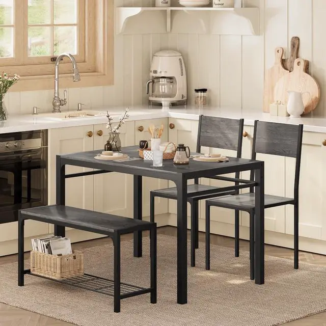 Alt view image 4 of 6 - Kitchen Table and 2 Chairs for 4 with Bench, 4 Piece Dining Sets for Small Space, Dark Grey