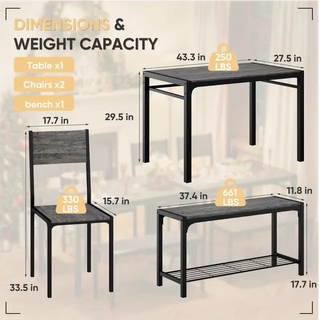 Alt view image 5 of 6 - Kitchen Table and 2 Chairs for 4 with Bench, 4 Piece Dining Sets for Small Space, Dark Grey