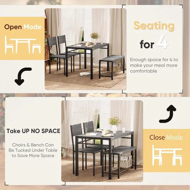 Alt view image 6 of 6 - Kitchen Table and 2 Chairs for 4 with Bench, 4 Piece Dining Sets for Small Space, Dark Grey