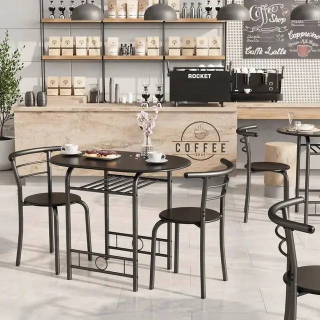 Alt view image 2 of 6 - 3-Piece Wooden Dining Table Set, Kitchen Breakfast Nook Sets with 2 Chairs & Round Tabletop, Space Saving Furniture Metal Frame and Built-in Wine Rack, Black