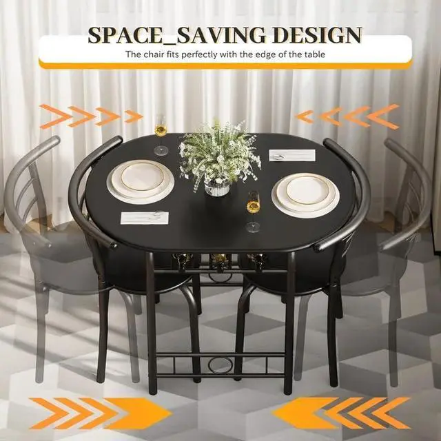 Alt view image 4 of 6 - 3-Piece Wooden Dining Table Set, Kitchen Breakfast Nook Sets with 2 Chairs & Round Tabletop, Space Saving Furniture Metal Frame and Built-in Wine Rack, Black