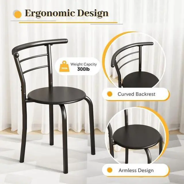 Alt view image 6 of 6 - 3-Piece Wooden Dining Table Set, Kitchen Breakfast Nook Sets with 2 Chairs & Round Tabletop, Space Saving Furniture Metal Frame and Built-in Wine Rack, Black