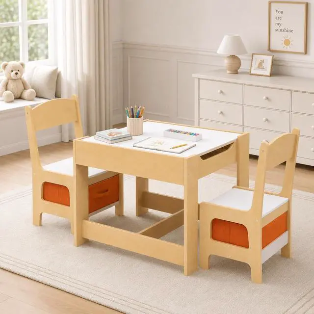 Main image of Kids Table and Chair Set, 4 in 1 Wooden Children Activity Table w/Storage, Reversible Deskboard, Blackboard, Detachable Tabletop for Toddlers Art Crafts, Playroom, Drawing, Reading Natural