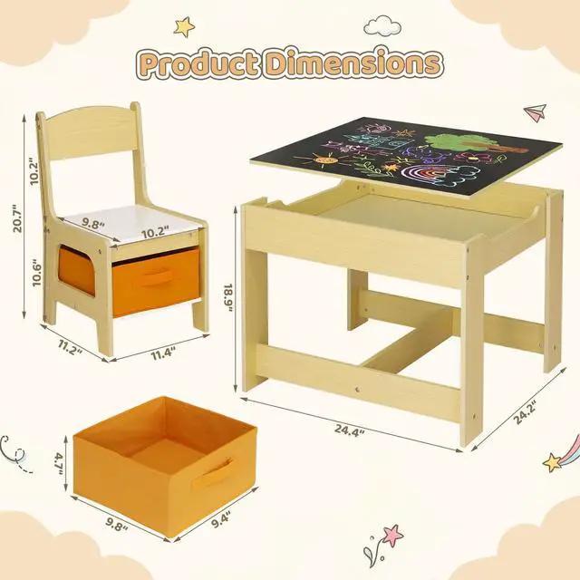 Alt view image 2 of 6 - Kids Table and Chair Set, 4 in 1 Wooden Children Activity Table w/Storage, Reversible Deskboard, Blackboard, Detachable Tabletop for Toddlers Art Crafts, Playroom, Drawing, Reading Natural