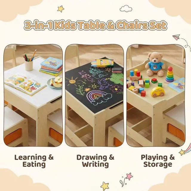 Alt view image 5 of 6 - Kids Table and Chair Set, 4 in 1 Wooden Children Activity Table w/Storage, Reversible Deskboard, Blackboard, Detachable Tabletop for Toddlers Art Crafts, Playroom, Drawing, Reading Natural