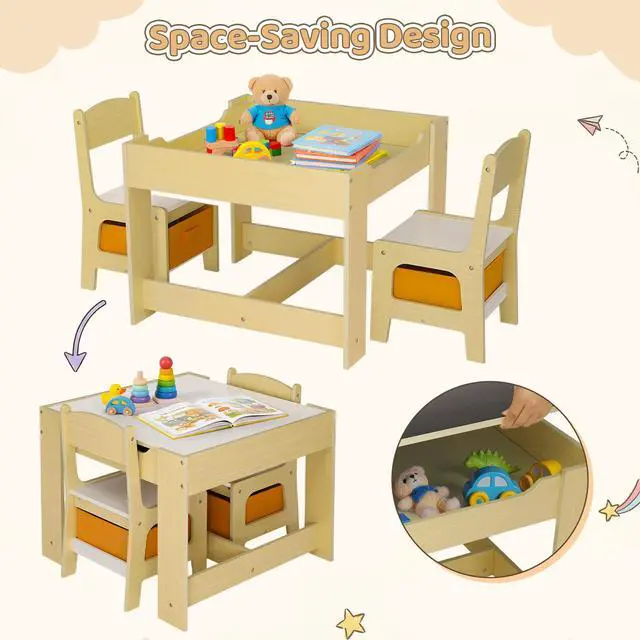 Alt view image 6 of 6 - Kids Table and Chair Set, 4 in 1 Wooden Children Activity Table w/Storage, Reversible Deskboard, Blackboard, Detachable Tabletop for Toddlers Art Crafts, Playroom, Drawing, Reading Natural
