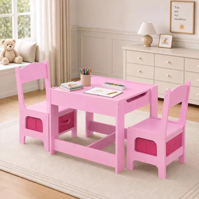 Main image of Kids Table and Chair Set, 4 in 1 Wooden Children Activity Table w/Storage, Reversible Deskboard, Blackboard, Detachable Tabletop for Toddlers Art Crafts, Playroom, Drawing, Reading Pink