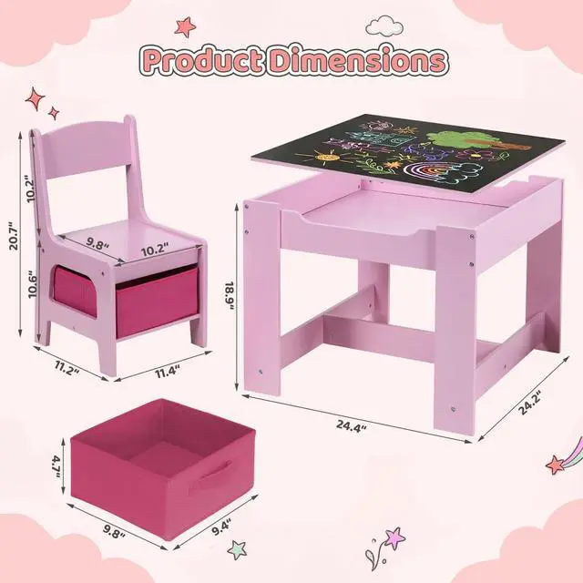 Alt view image 2 of 6 - Kids Table and Chair Set, 4 in 1 Wooden Children Activity Table w/Storage, Reversible Deskboard, Blackboard, Detachable Tabletop for Toddlers Art Crafts, Playroom, Drawing, Reading Pink