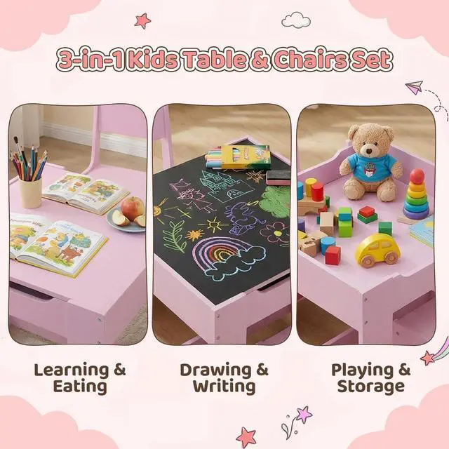 Alt view image 5 of 6 - Kids Table and Chair Set, 4 in 1 Wooden Children Activity Table w/Storage, Reversible Deskboard, Blackboard, Detachable Tabletop for Toddlers Art Crafts, Playroom, Drawing, Reading Pink